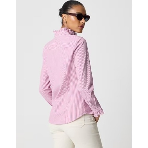 J Crew Top Petite Small Striped Ruffle Button Up Shirt Berry Ivory Cotton CN063 - Picture 5 of 15